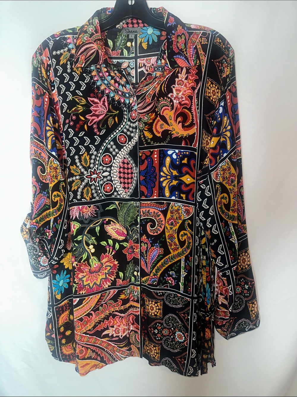 Shana Black Patchwork Paisley Button-Front Shirt with Bright Floral Accents